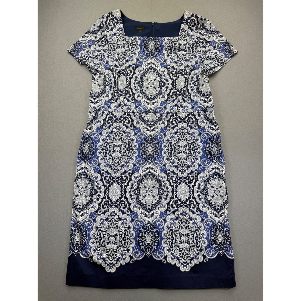 Talbots Womens Blue White Paisley Medallionβ Square Neck Sheath Dress Size 16
